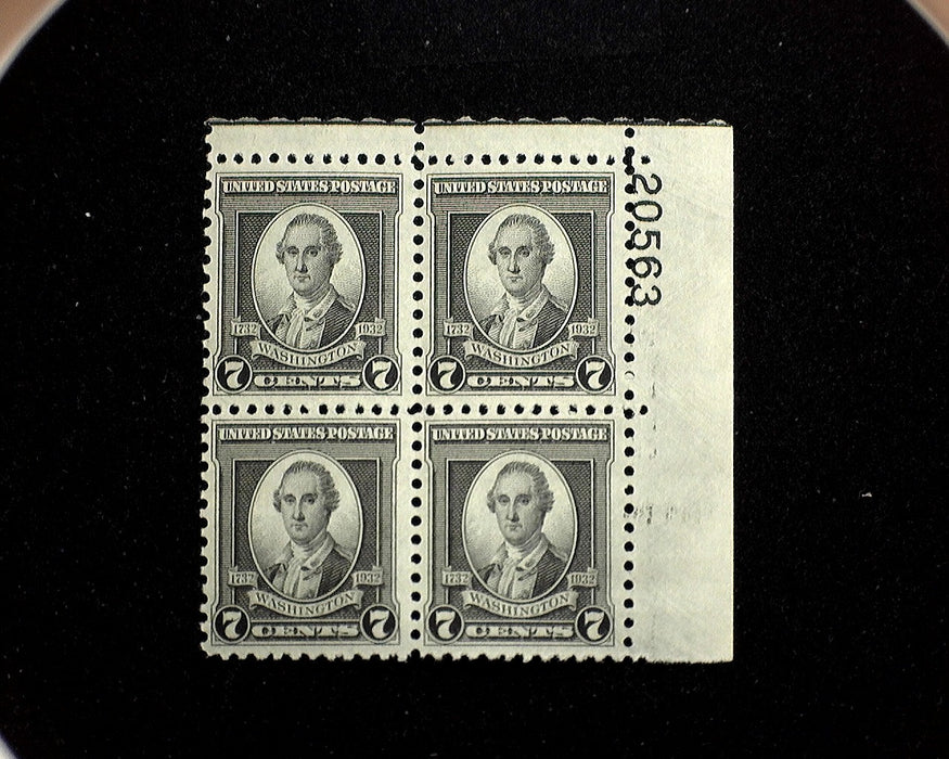 #712 Mint 7 cent Washington Bicentennial plate block of four PL#20563 VF NH US Stamp