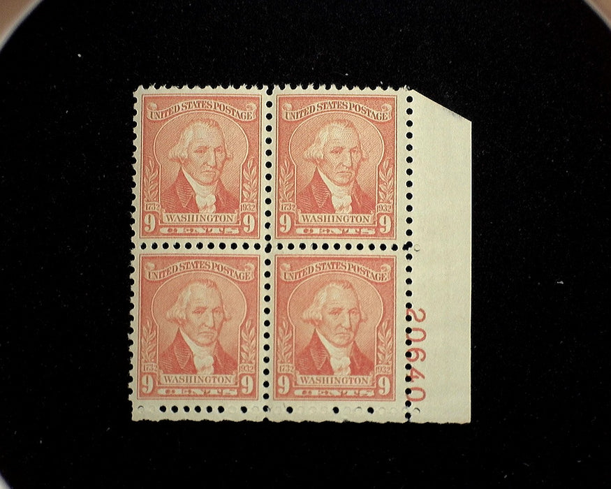 #714 Mint 9 cent Washington Bicentennial plate block of four PL#20640 VF NH US Stamp