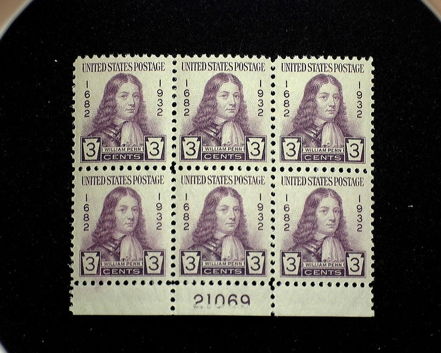 #724 Mint 3 cent Penn plate block of six PL#21069 XF NH US Stamp