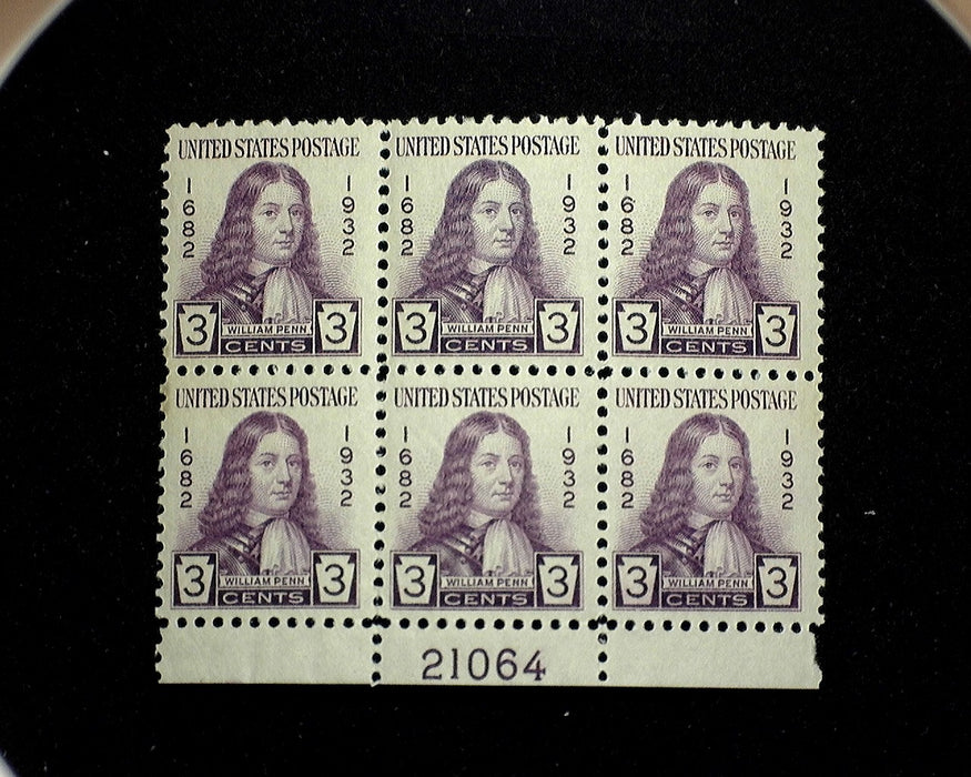 #724 Mint 3 cent Penn plate block of six PL#21064 VF NH US Stamp