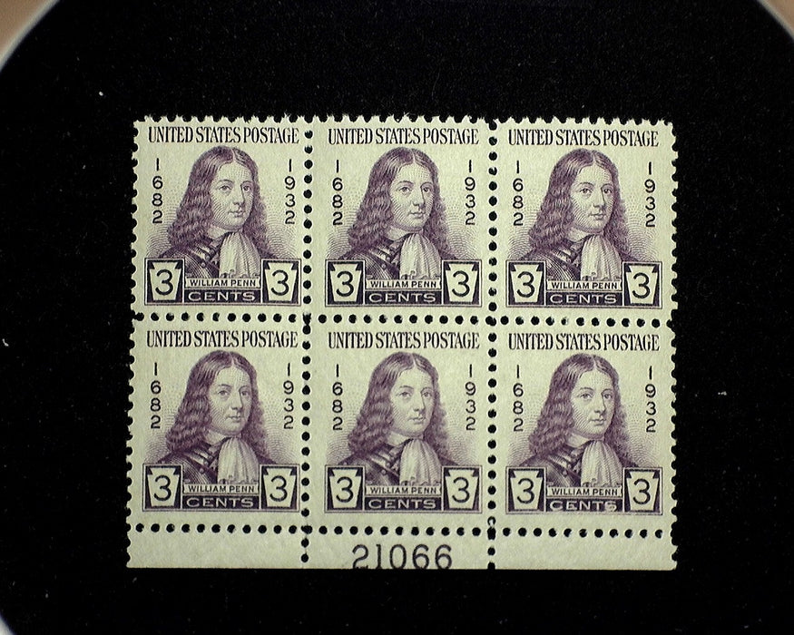#724 Mint 3 cent Penn plate block of six PL#21066 F/VF NH US Stamp