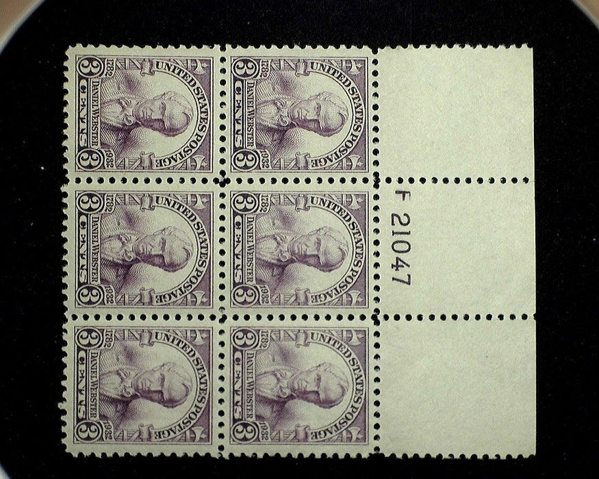 #725 Mint 3 cent Webster plate block of six PL#21047 Full top gem! XF NH US Stamp