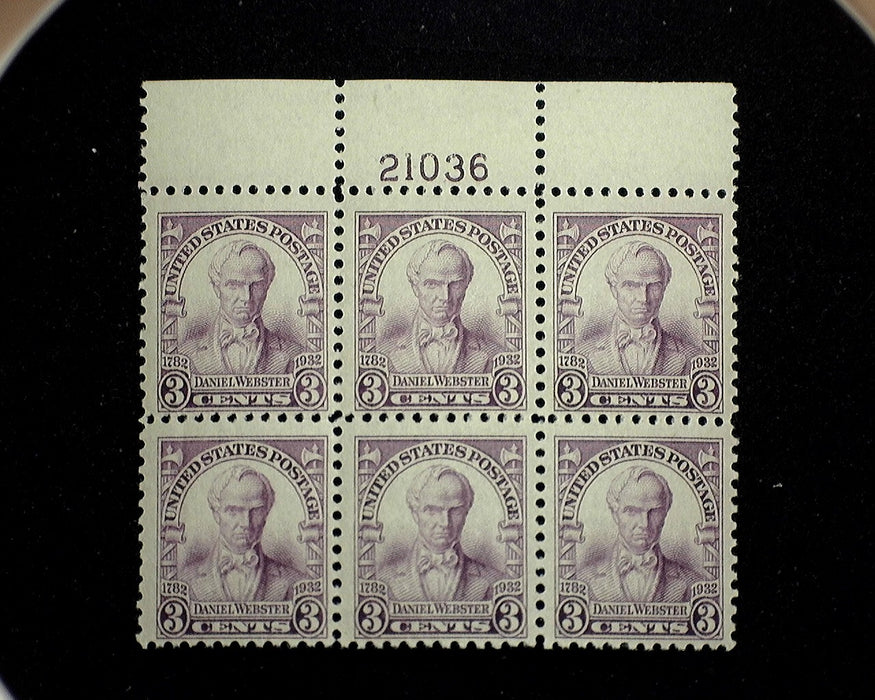 #725 Mint 3 cent Webster plate block of six PL#21036 F/VF NH US Stamp