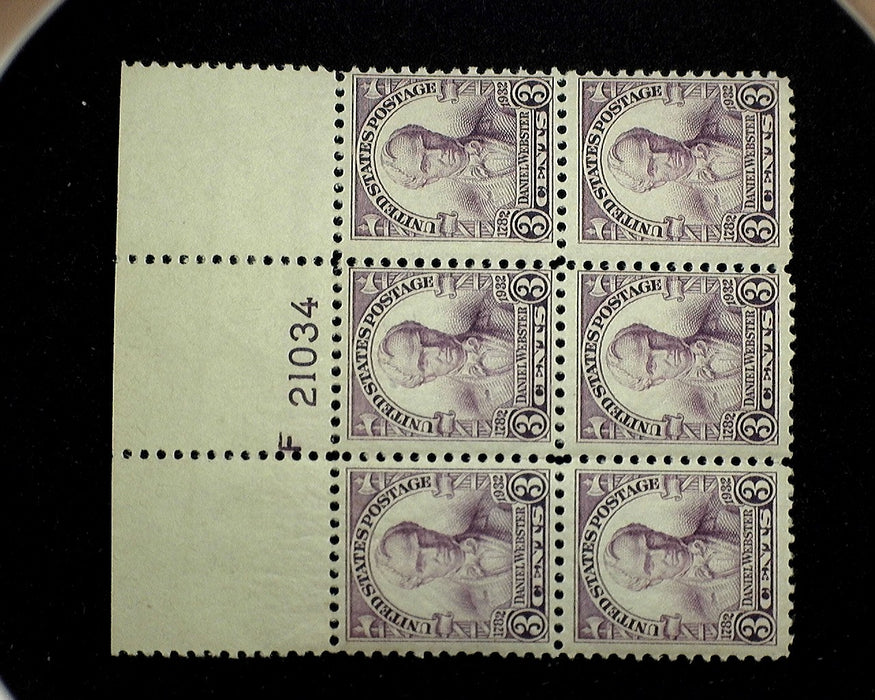 #725 Mint 3 cent Webster plate block of six PL#21034 F NH US Stamp