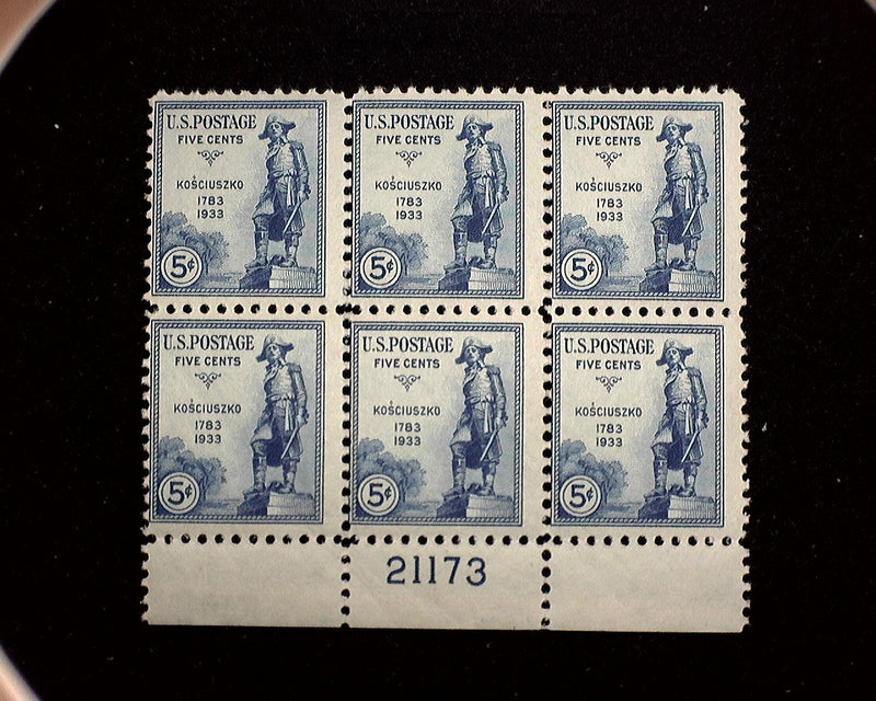 #734 Mint 5 cent Kusciuszko plate block of six PL#21173 F LH US Stamp