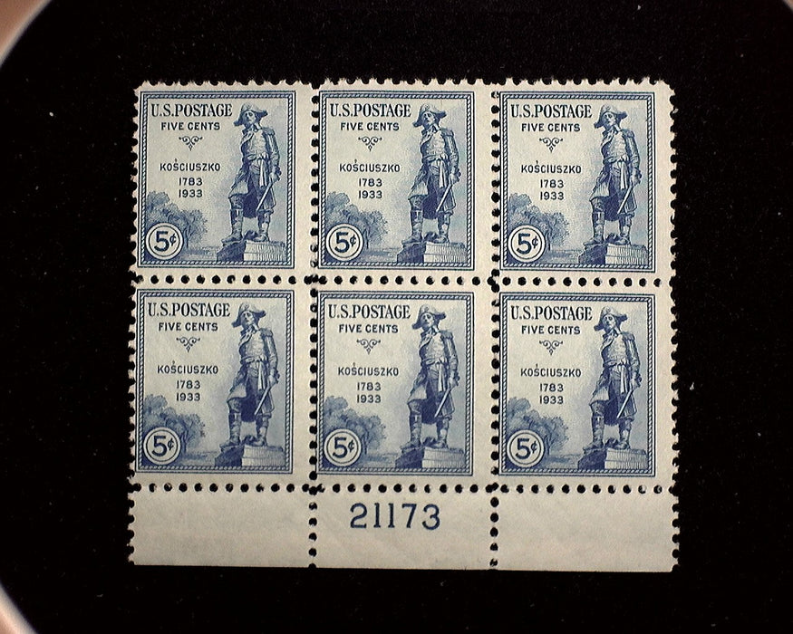 #734 Mint 5 cent Kusciuszko plate block of six PL#21173 F LH US Stamp