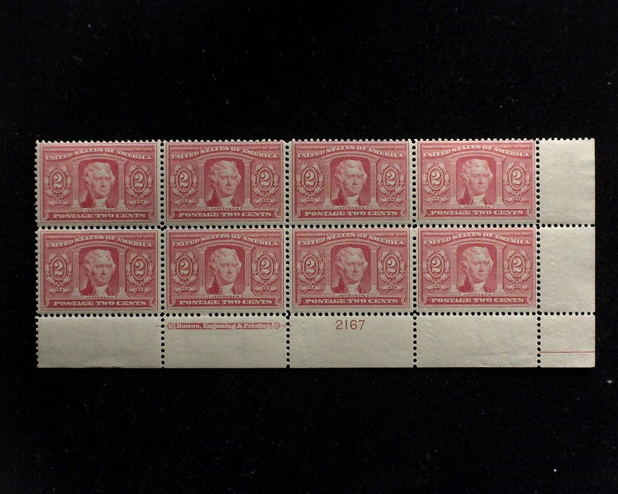 #324 MNH 2 cent Louisiana Purchase Very fresh margin plate block of eight F US Stamp