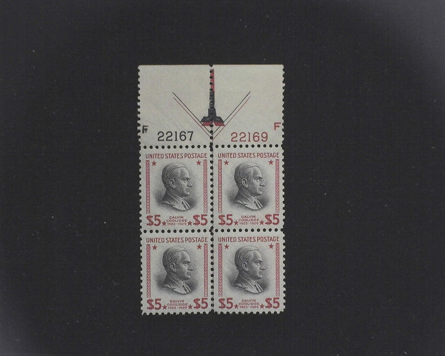 #834 MNH Five Dollar Cooledge plate block Choice arrow margin plate XF US Stamp