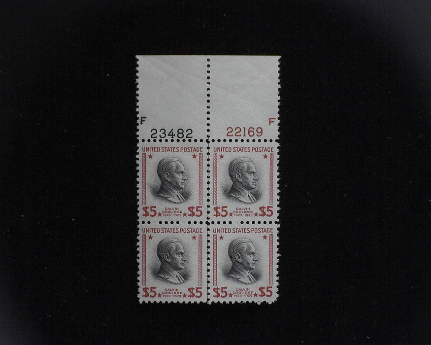 #834 MNH Five Dollar Cooledge plate block Outstanding plate S US Stamp