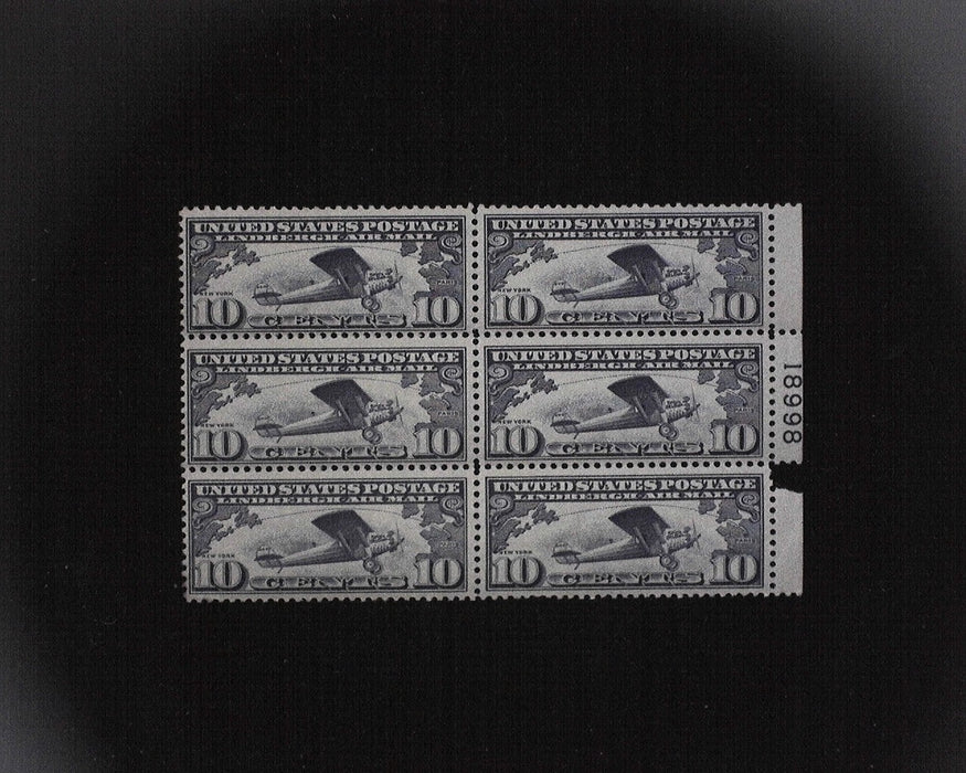 #C10 MNH 10 cent Lindbergh Airmail plate block Small piece of selvedge missing VF US Stamp