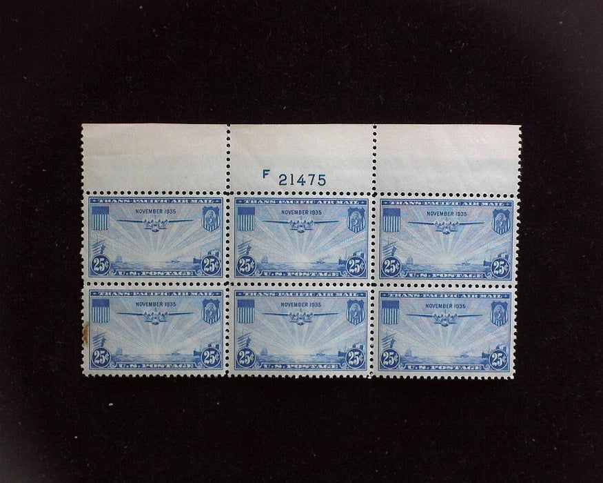 #C20 MNH 25 cent Clipper Airmail plate block Slight gum soak Vf/Xf US Stamp