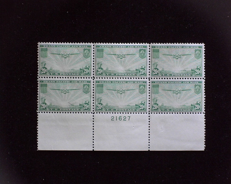 #C21 MLH 20 cent Clipper Airmail plate block Vf/Xf US Stamp