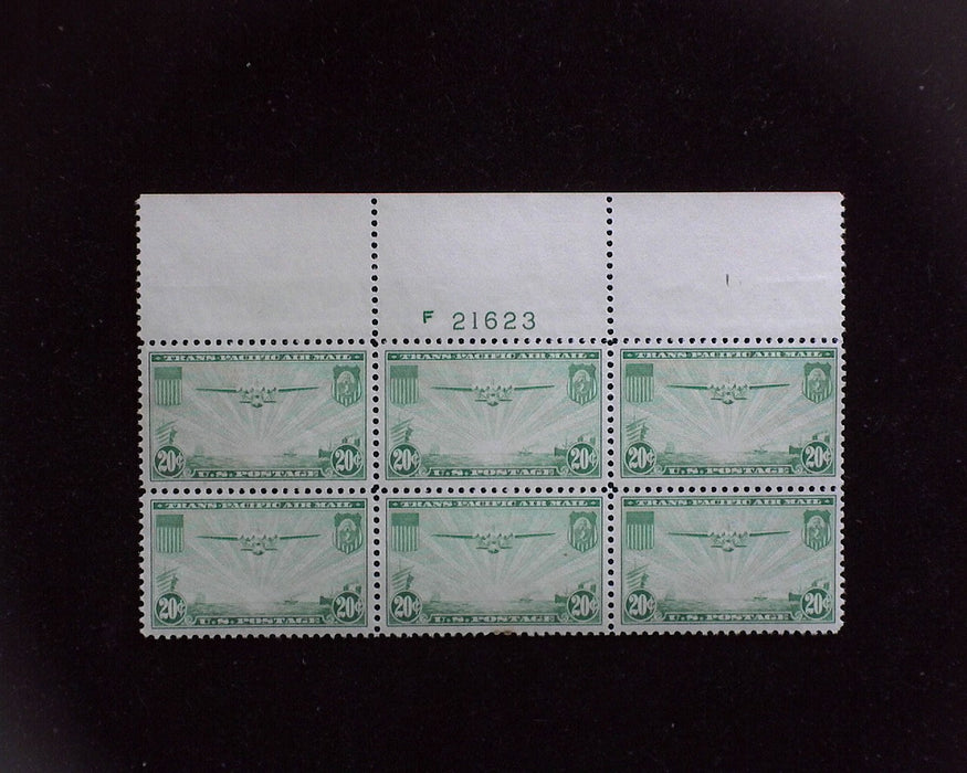 #C21 MNH 20 cent Clipper Airmail plate block Slight gum soak on 2 perf tips XF US Stamp