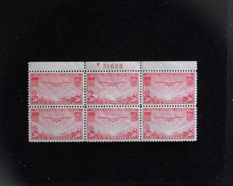 #C22 50c Clipper Airmail plate block. Faint natural gum creases. Mint XF NH - US Stamp
