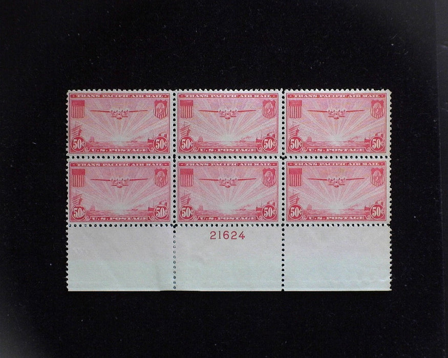 #C22 MNH 50 cent Clipper Airmail plate block Hinge reinforcement in selvedge VF US Stamp