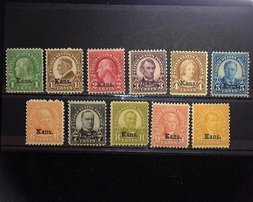 #658-668 MLH 1929 1 cent thru 10 cent Kansas overprints. F US Stamp