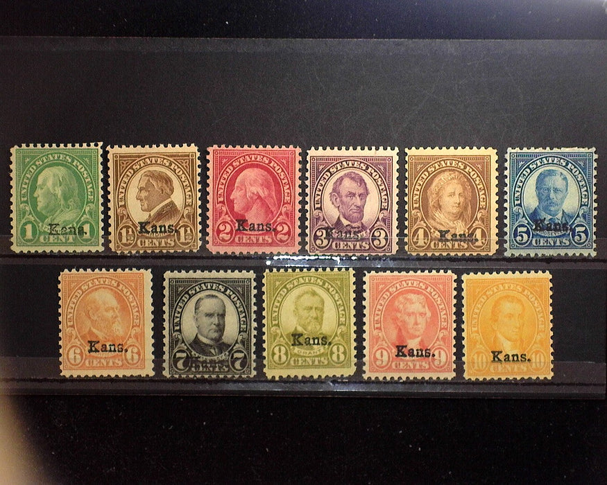 #658-668 MLH 1929 1 cent thru 10 cent Kansas overprints. F US Stamp