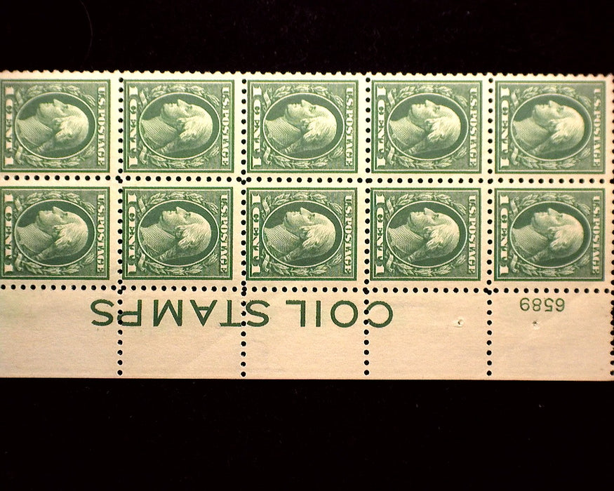 #424 1 Cent Franklyn R margin block of 10 PL#6589 & impt "Coil Stamps" Cat 35000 Fresh Mint F NH US Stamp