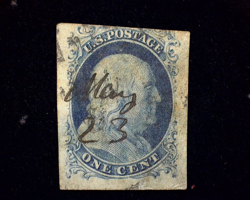 #7 1c Blue. 4 margin stamp 3 huge and one just clearing. Slightly soiled. F/VF Used - US Stamp