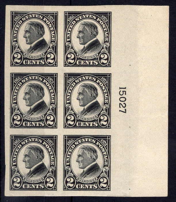 #611 2 Cent Harding imperforate Plate block #15027 Sup NH Mint US Stamp