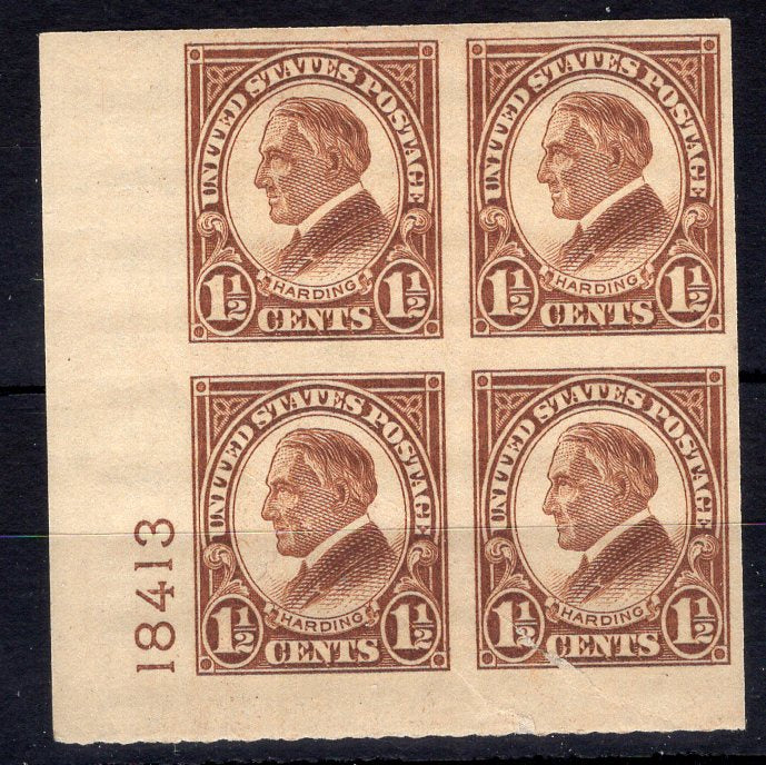 #631 1 1/2 Cent Harding imperforate Slight surface scrape affecting 1 stamp Plate block #18413 NH Mint US Stamp