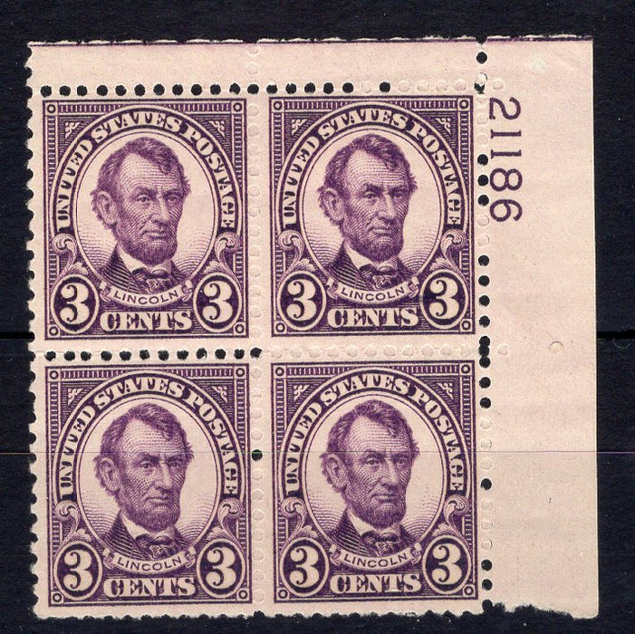 #635 3 Cent Lincoln Plate block #21186 F/VF NH Mint US Stamp