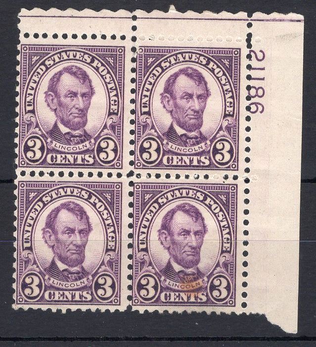 #635 3 Cent Lincoln Plate block #21186 F NH Mint US Stamp