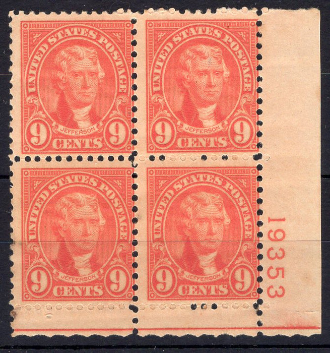 #641 9 Cent Jefferson Plate block #19353 AVG H Mint US Stamp