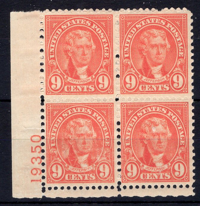 #641 9 Cent Jefferson Plate block #19350 Vf/Xf NH Mint US Stamp