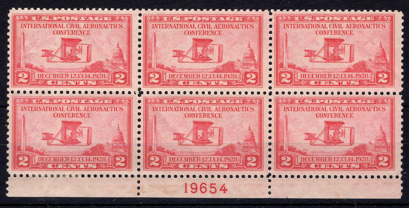 #649 2 Cent Aeronautics Plate block #19654 VF LH Mint US Stamp