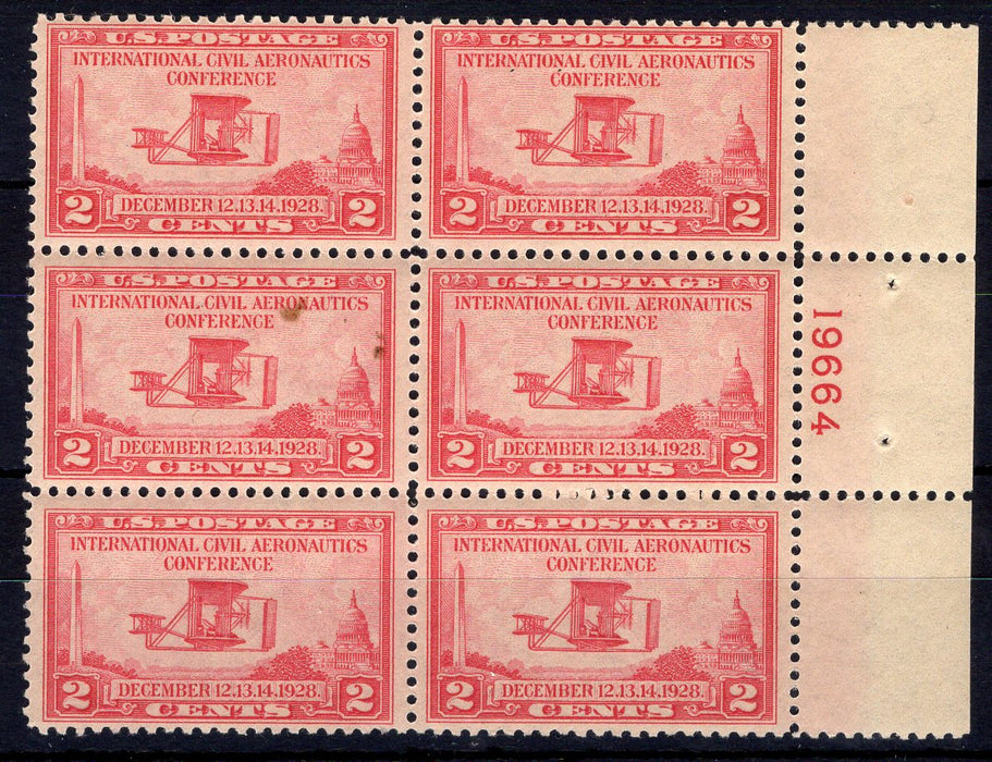 #649 2 Cent Aeronautics  Slight toning Plate block #19664 F/VF NH Mint US Stamp