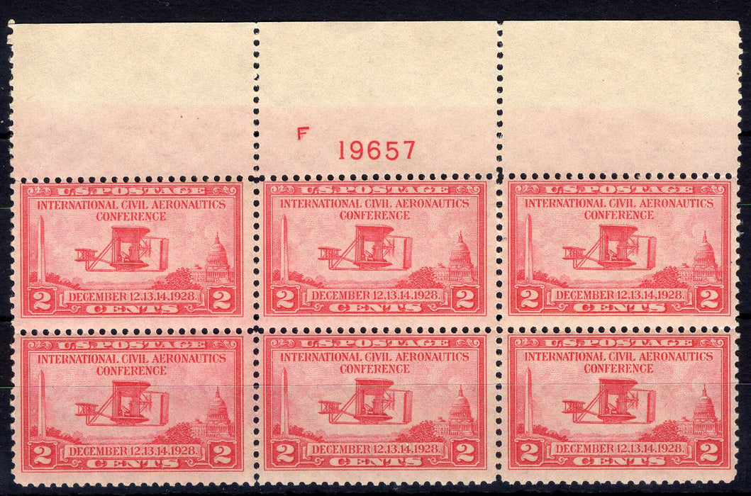 #649 2 Cent Aeronautics Plate block #19657 Full top F/VF NH Mint US Stamp