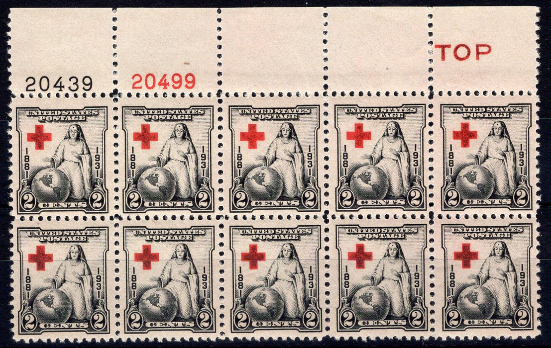 #702 2 Cent Red Cross Plate block of 10 XF NH Mint US Stamp