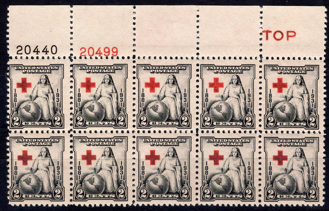 #702 2 Cent Red Cross Plate block of 10 F/VF NH Mint US Stamp