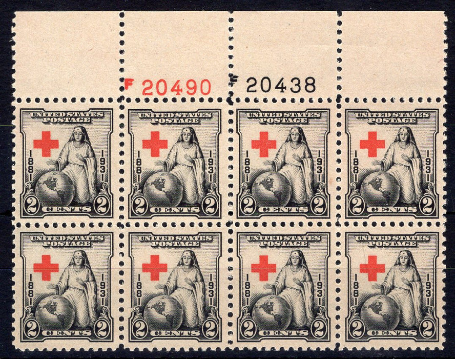#702 2 Cent Red Cross Plate block of 8 XF NH Mint US Stamp