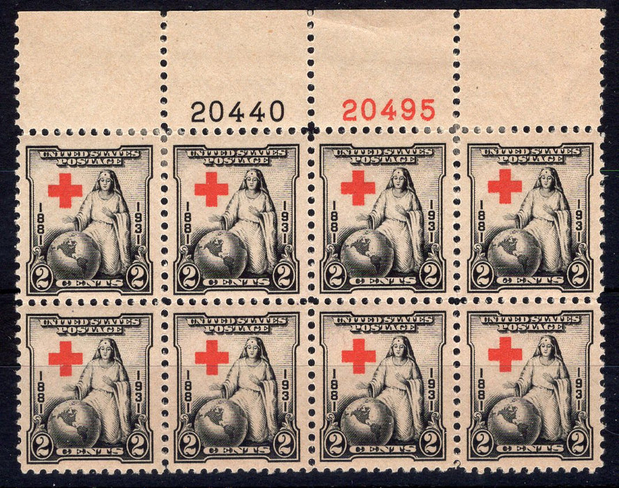 #702 2 Cent Red Cross Plate block of 8 XF LH Mint US Stamp