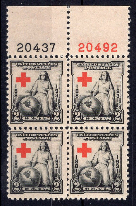 #702 2 Cent Red Cross Plate block #20437/20492 Vf/Xf NH Mint US Stamp