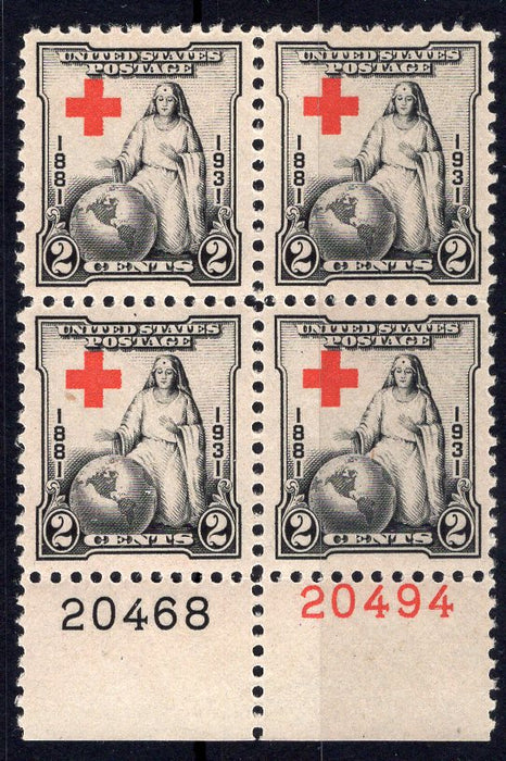 #702 2 Cent Red Cross Plate block #20468/20494 XF NH Mint US Stamp