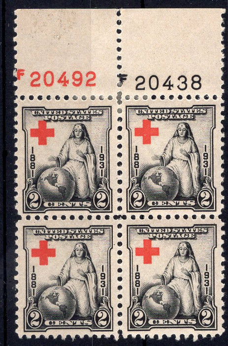 #702 2 Cent Red Cross Plate block #20492/20438 XF LH Mint US Stamp