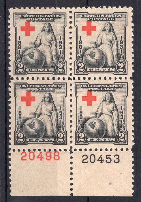 #702 2 Cent Red Cross Plate block #20498/20453 XF NH Mint US Stamp