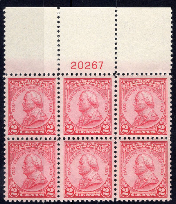 #689 2 Cent Von Steuben Plate block #20267 Full top Vf/Xf NH Mint US Stamp