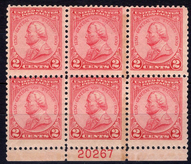 #689 2 cent Von Steuben Plate block #20267 Some light gum toning F NH Mint US Stamp