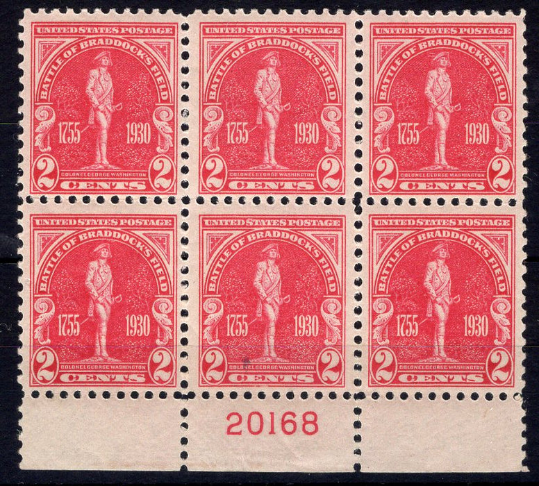 #688 2 cent Braddock Plate block #20168 Vf/Xf NH Mint US Stamp