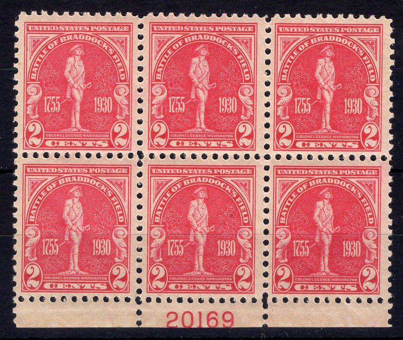 #688 2 cent Braddock Plate block #20169 Vf/Xf NH Mint US Stamp