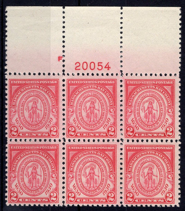 #682 2 cent Massachusetts Plate block #20054 Choice full top VF NH Mint US Stamp