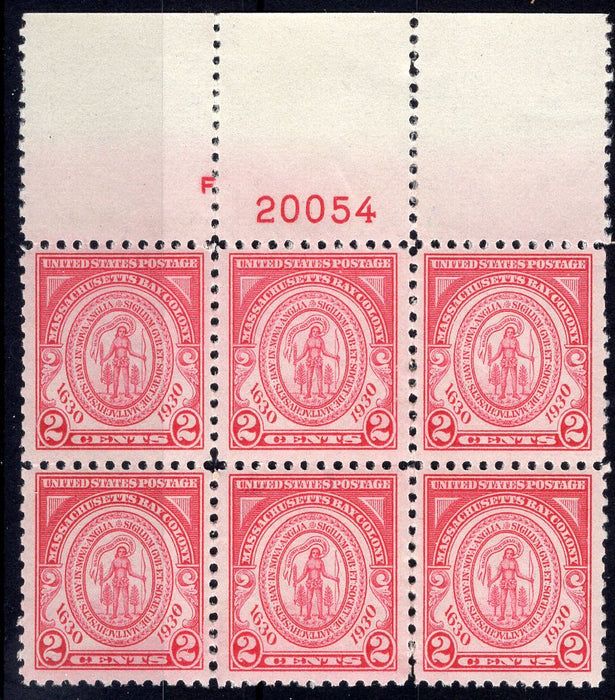 #682 2 cent Massachusetts Plate block #20054 Full top XF NH Mint US Stamp