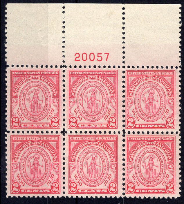 #682 2 cent Massachusetts Plate block #20057 Full top Vf/Xf NH Mint US Stamp