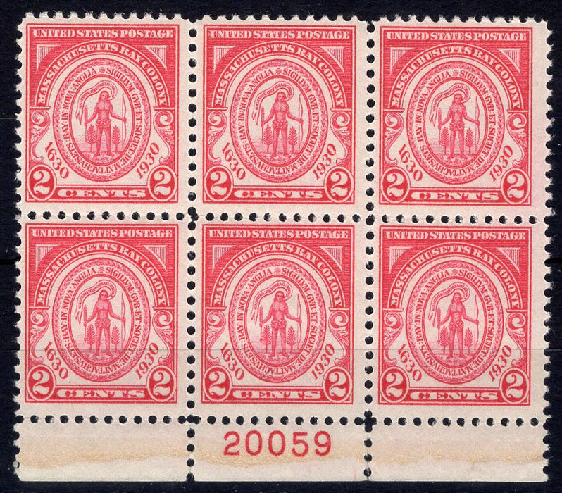 #682 2 cent Massachusetts Plate block #20059 Vf/Xf LH Mint US Stamp