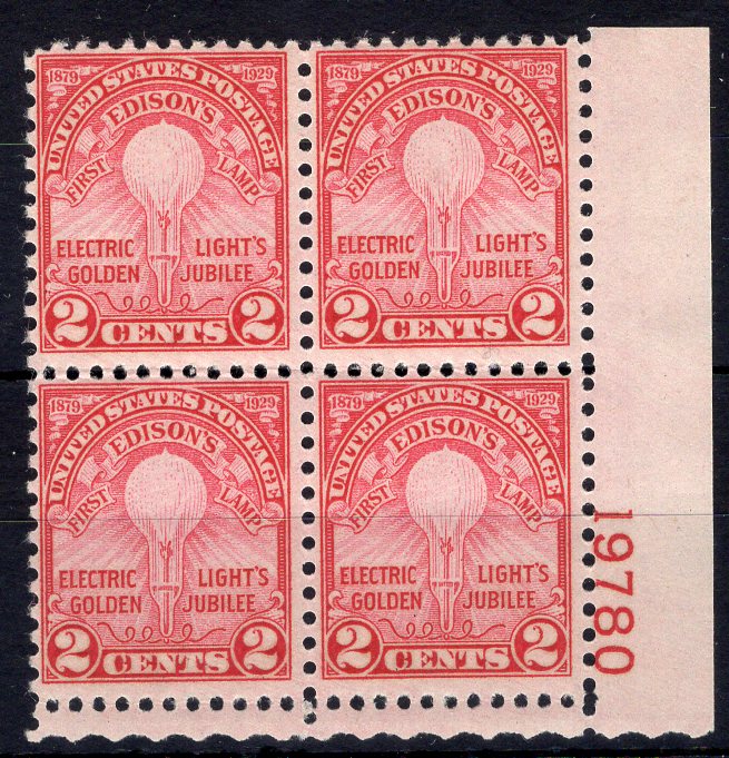 #655 2 cent Edison Plate block #19780 F/VF NH Mint US Stamp