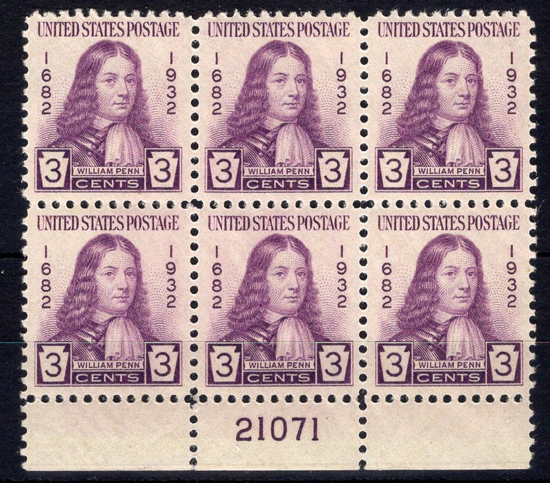 #724 3 cent Penn Plate block #21071 XF NH Mint US Stamp